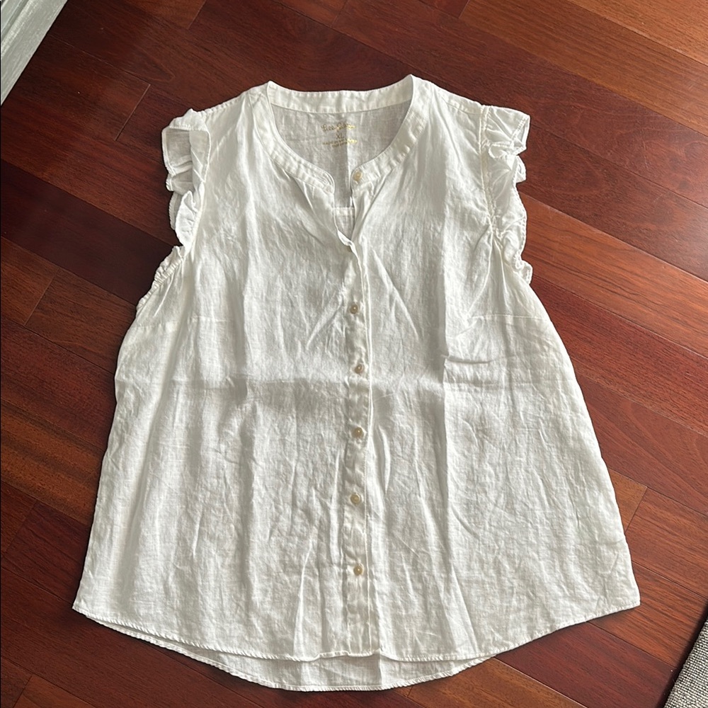 Lilly Pulitzer White Blouse with Flutter Sleeves and Mandarin Collar